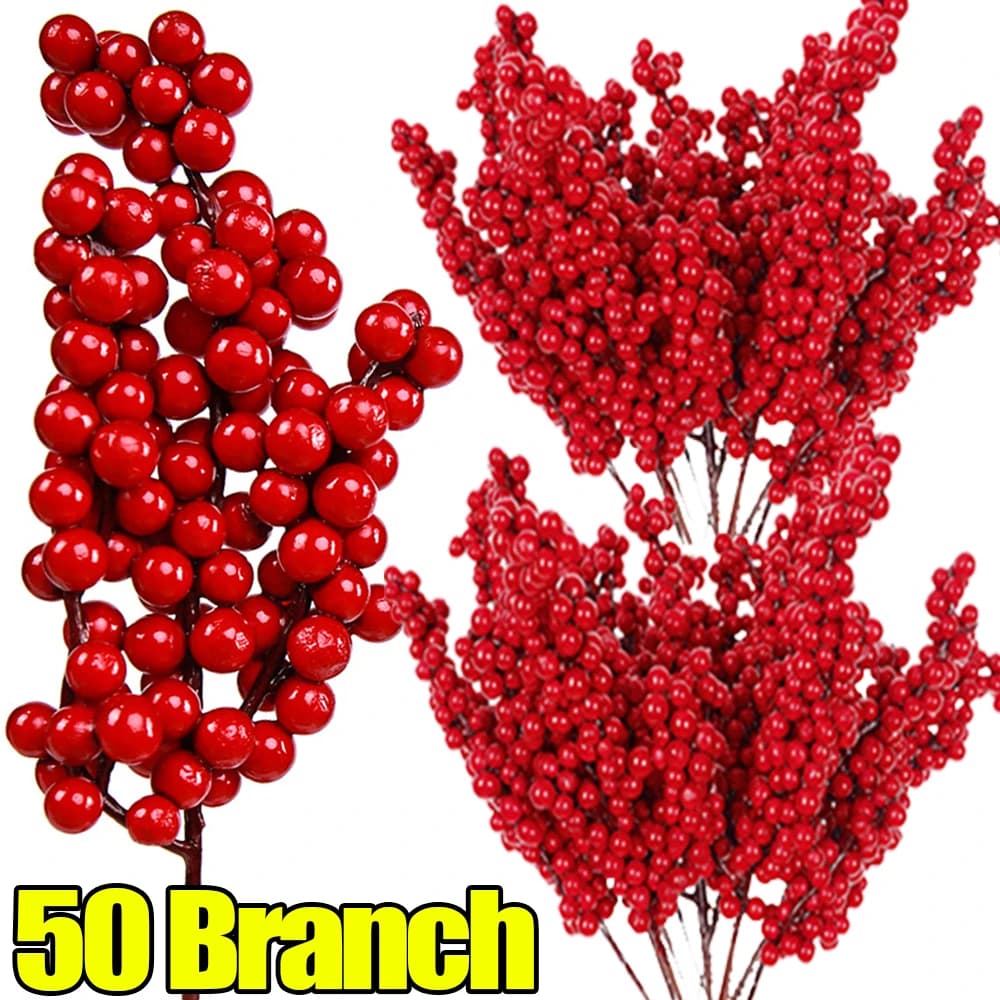 50/1 branch red berries stems artificial foam DIY berries of holly stame plants fake fruit bouquet garland Christmas party home decorations