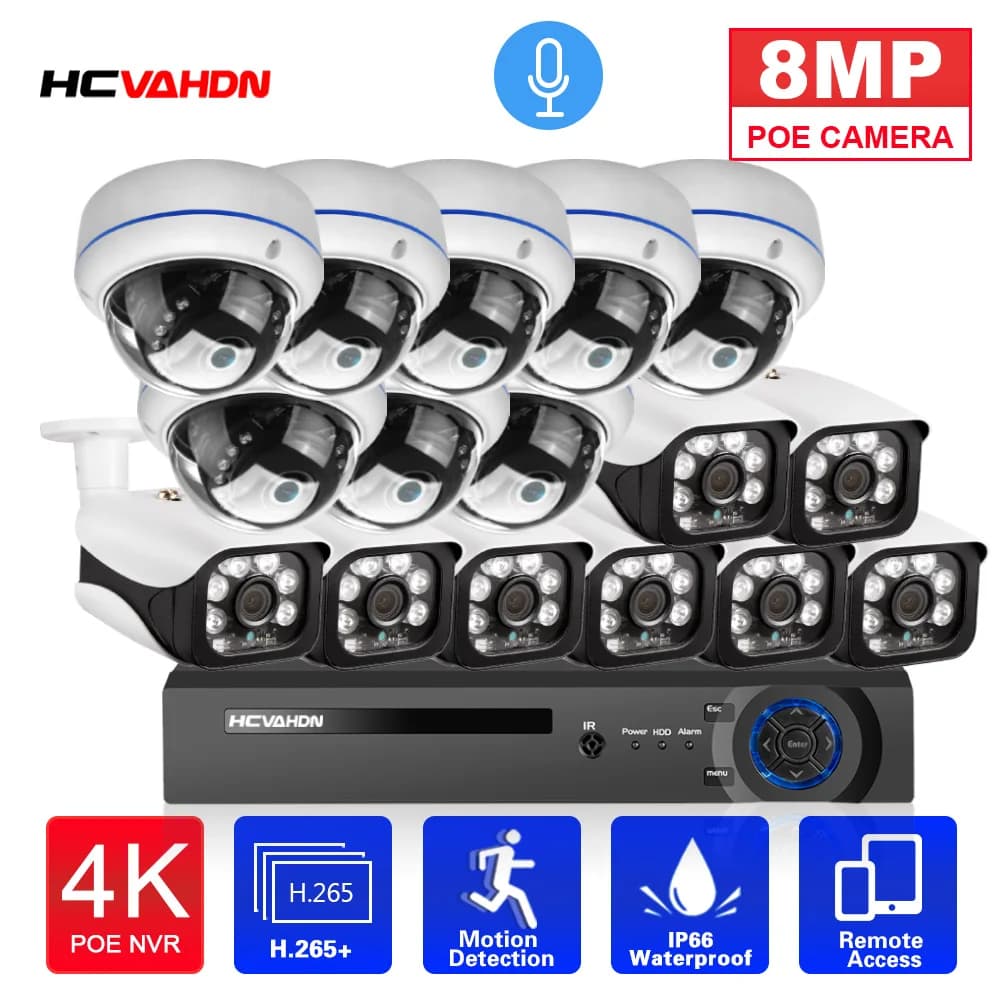Sistema di telecamere di sicurezza IP POE Kit NVR 16 canali POE 4K 8MP Kit sistema di videosorveglianza per telecamera dome CCTV audio impermeabile esterno