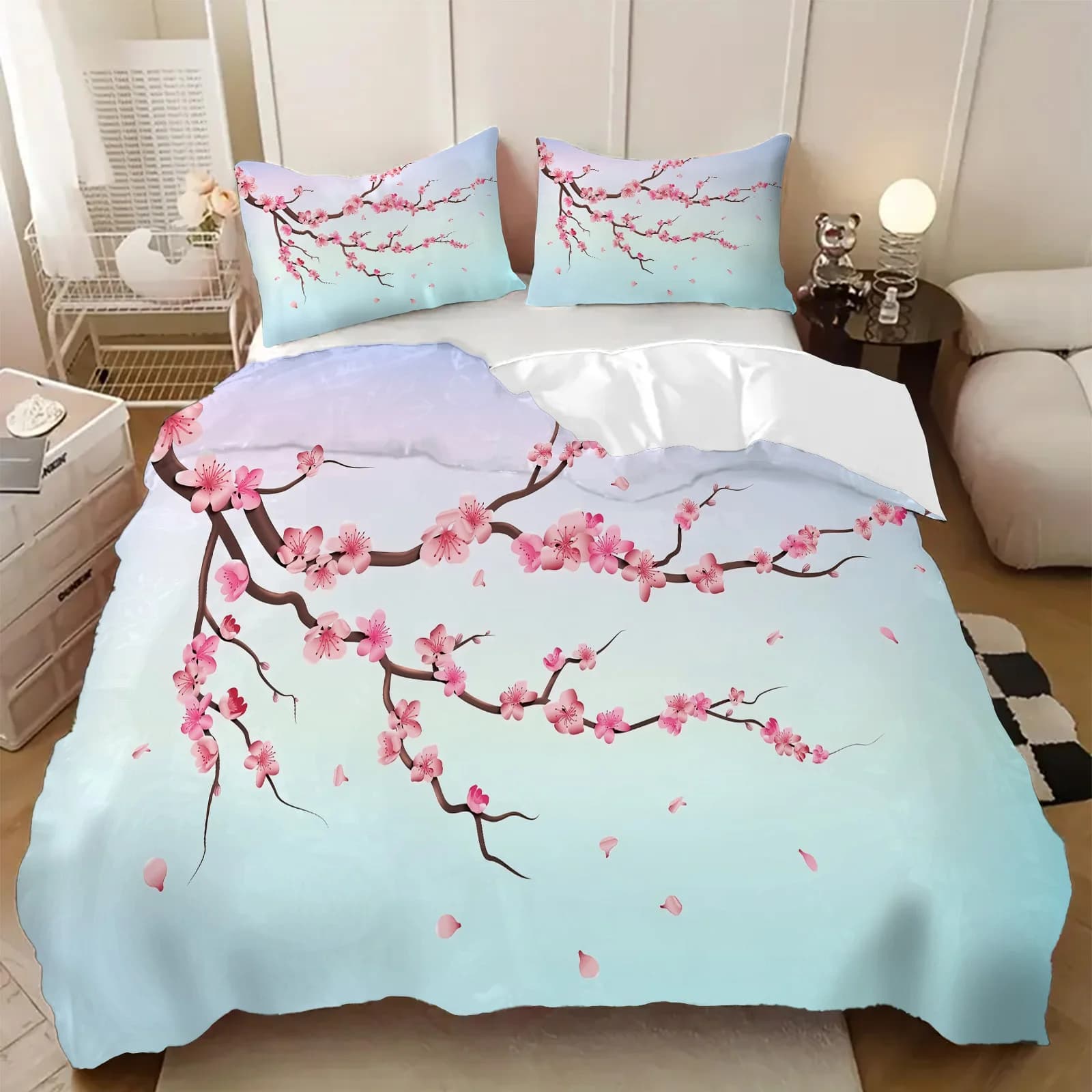 Copripiumino stampato in 3D con fiori di ciliegio rossi Copripiumino in poliestere stile floreale rustico Set di biancheria da letto morbido e confortevole Federe