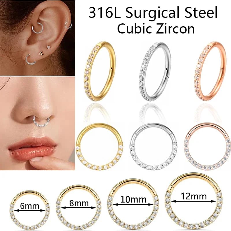 316L Surgical Steel Nose Rings Hinged Segment Ear Cartilage Tragus Earrings Helix Hoops CZ Septum Clicker Piercing Body Jewelry