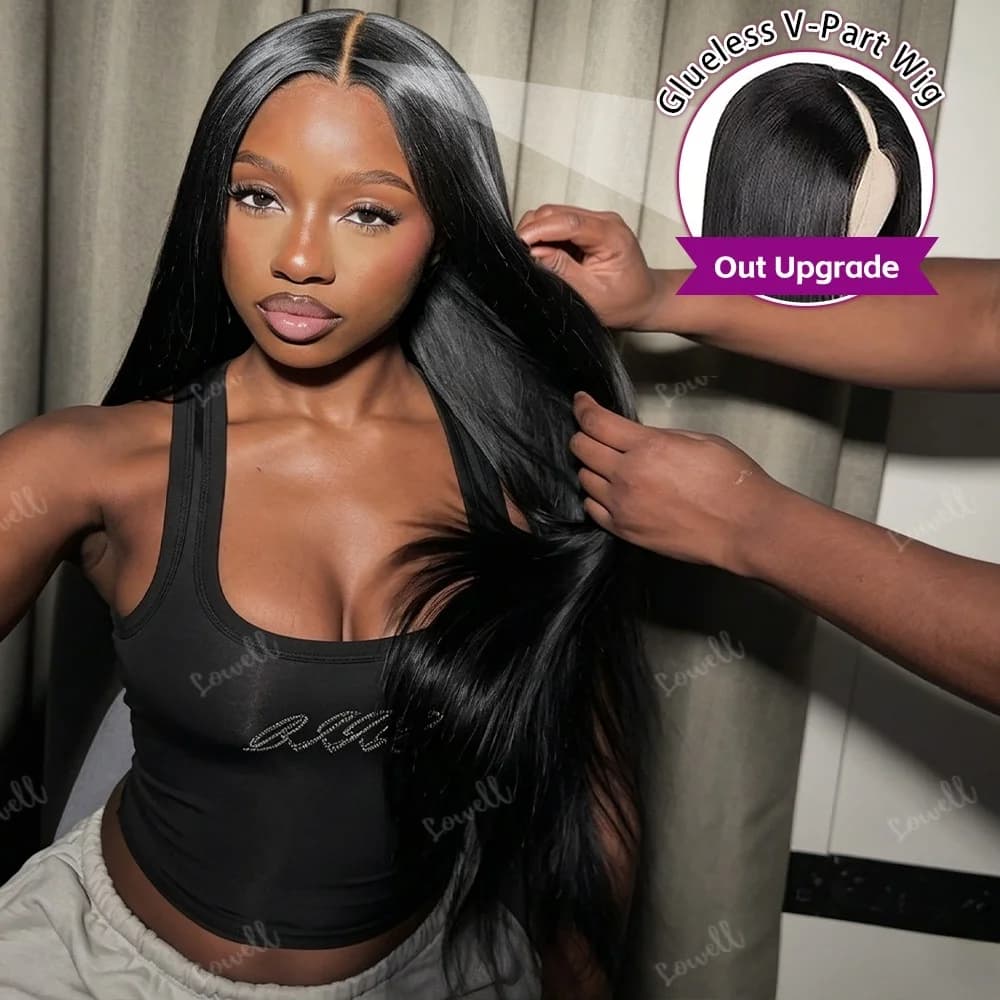 Parrucche di capelli umani lisci con parte a V, senza bisogno di lasciare capelli fuori, versione migliorata, brasiliane, senza colla, con clip per capelli, mezza parrucca.