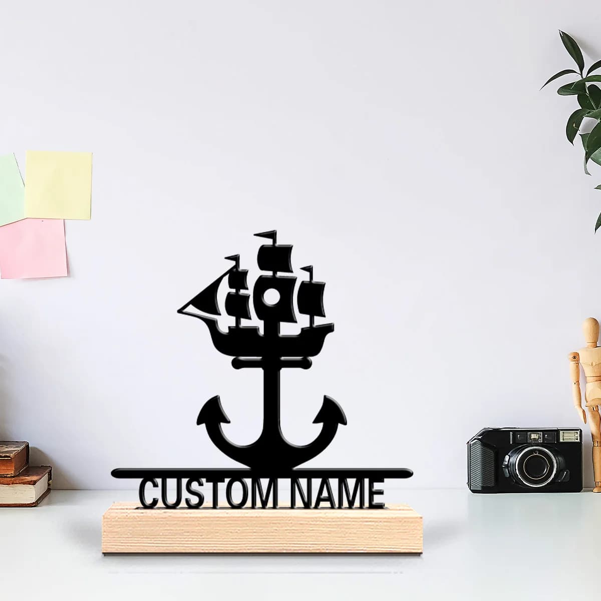Statua in Metallo Personalizzata a Forma di Ancora di Barca a Vela, Decorazione da Tavolo Serena con Base in Legno, Perfetta per la Meditazione