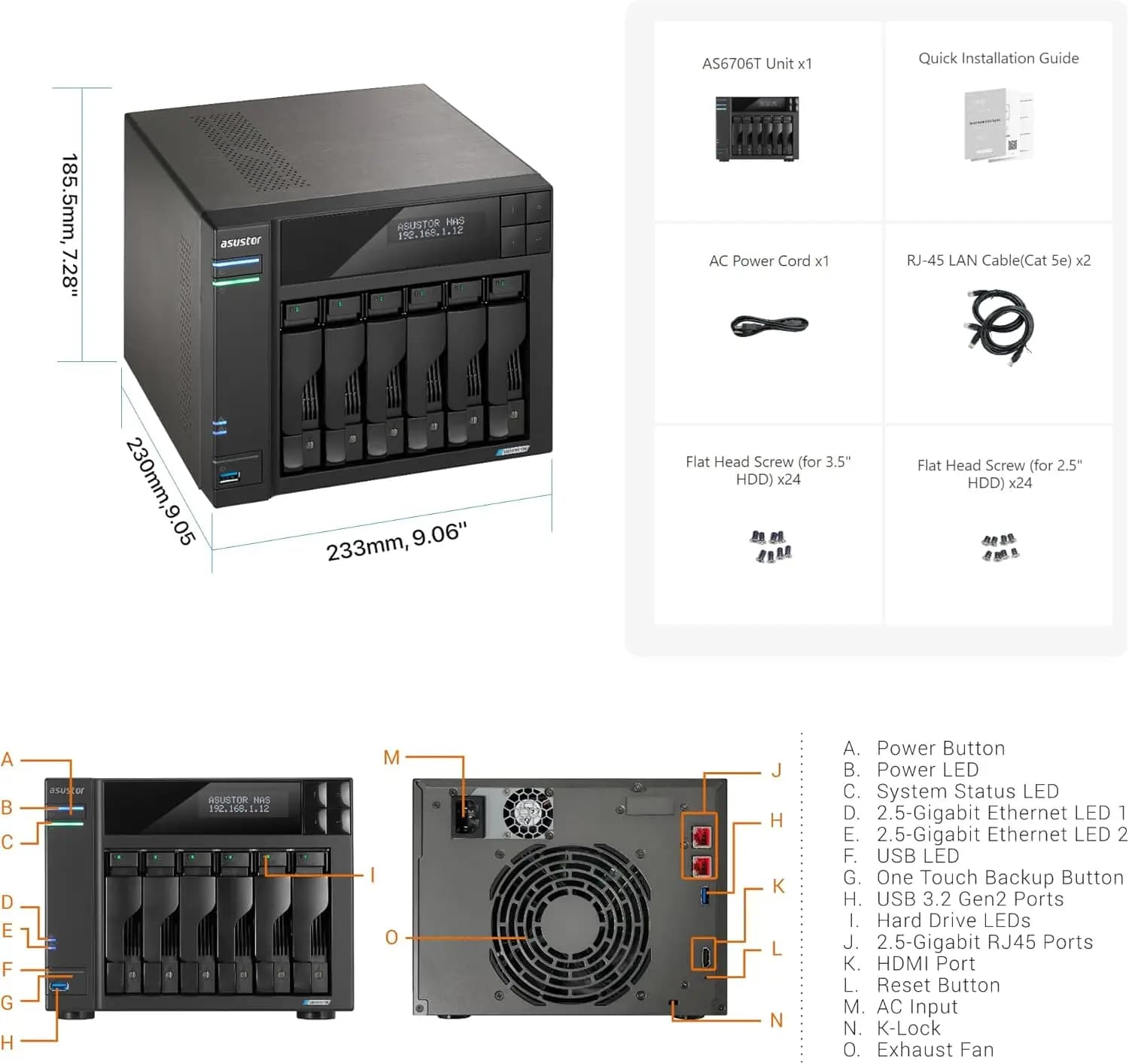 ASUSTOR Network Storage Diskless AS6706T Lockerstor 6 Gen2 6 Bay NAS Quad-Core 2GHz CPU 4XM.2 NVMe Slot Dual 2.5-10GbE 8GB RAM