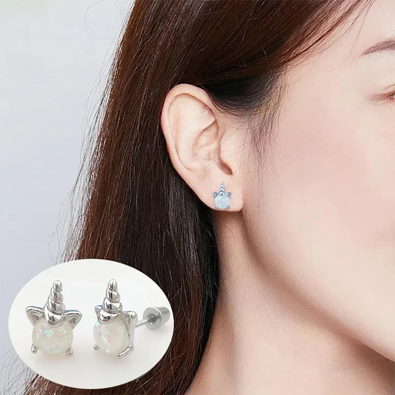 1 pair of stylish everything cute Opal Unicorn stud earrings for ladies and girls, stainless steel
