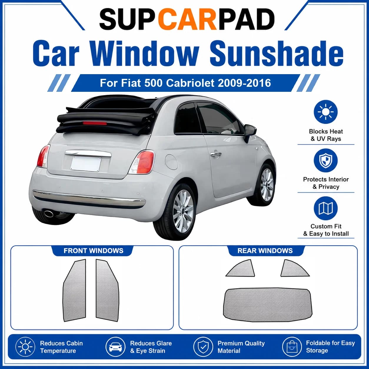 For Fiat - Fiat 500 Cabriolet 2009-2016 Full Set Car Window Sunshades UV Block Privacy Heat Insulated Foldable Car Curtain