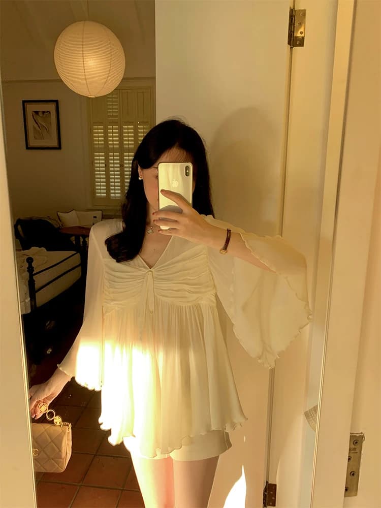Wang Han Yan Summer New Style Women's Gentle Sash Blouse Seven Sleeve Silk Chiffon Design Small Audience Snowflake Shirt