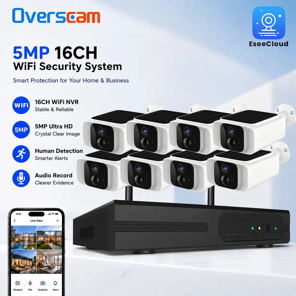 5MP Wi-Fi Solar Security IP Camera System Outdoor Battery Cameras PIR Detection Full Color Night Vision Two Way Audio 16CH NVR
