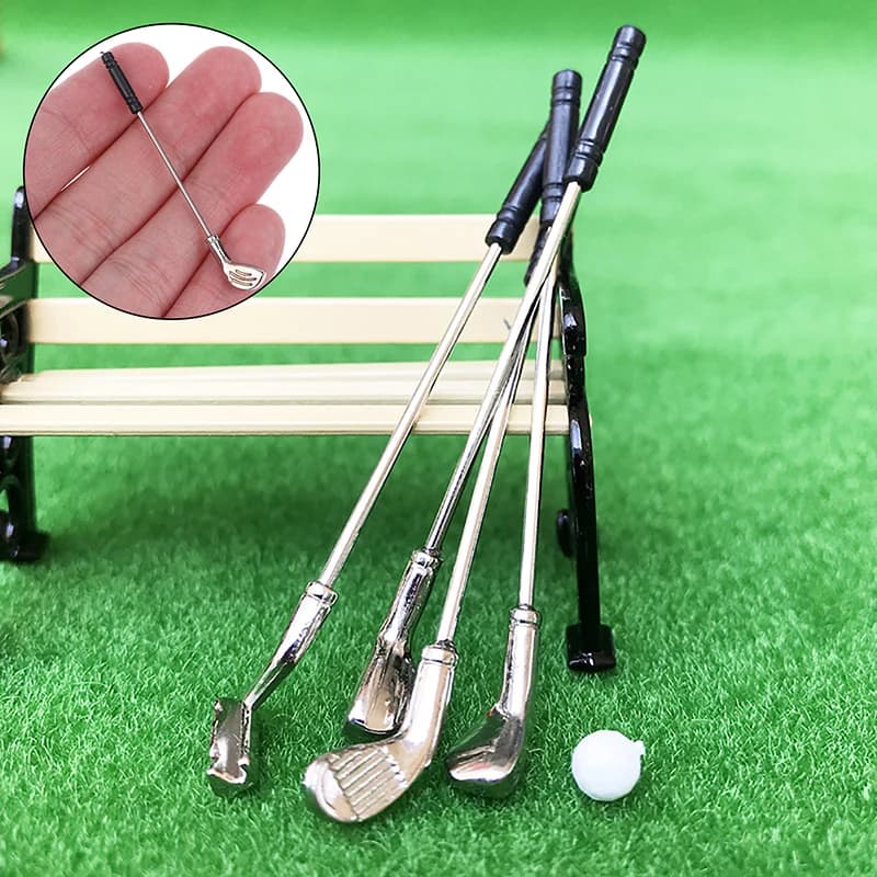 5Pcs/set Mini Golf Clubs Toys Pretend Play Miniature Golf Model With 4 Sticks And 1 Ball 1:12 Scale Dollhouse Golf Toy