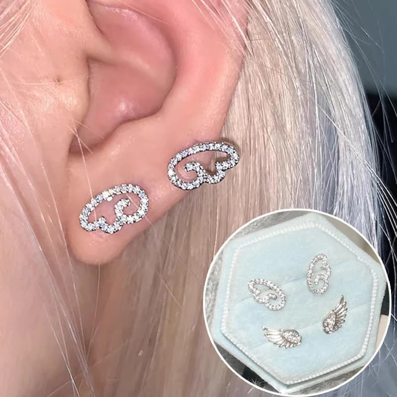 2 Styles Crystal Angel Wings Cross Stud Earrings Vintage Luxury Shiny Silver Zircon Wing Women Earrings Fashion Jewelry Gifts