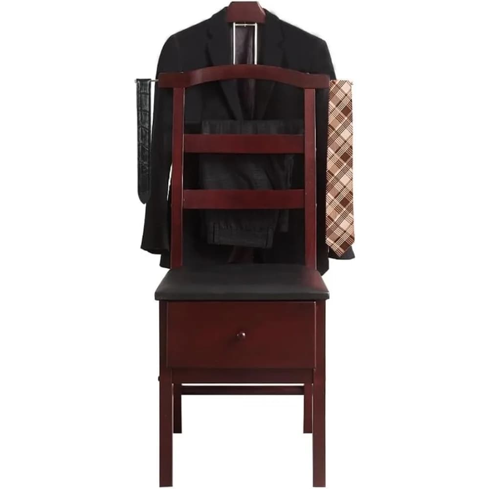 Supporto per valet in legno con appendiabiti per contorno Valet per sedia con cassetto, barra per pantaloni e cravatta e barra per cintura, valet per vestiti autoportante St