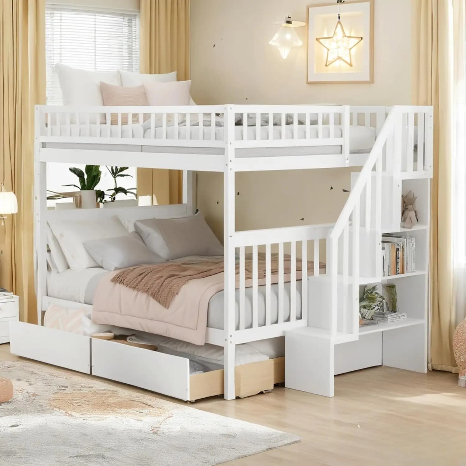 Letto a Castello Matrimoniale con Cassetti, Scala, Ripiani e Struttura in Legno per Bambini, Adolescenti e Adulti, Arredamento per Camera da Letto, Personalizzabile