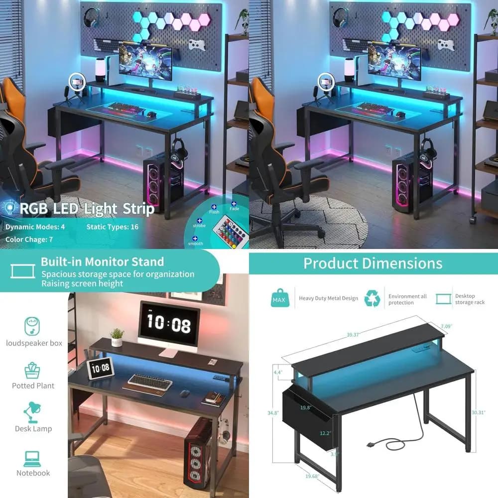 Scrivania da Gaming Illuminata a LED da 40 Pollici con Prese di Corrente e Stazione di Ricarica USB