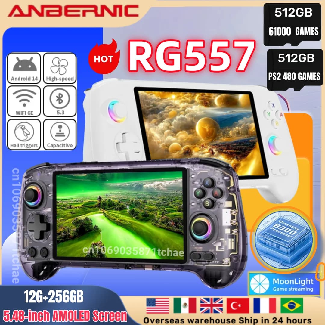 ANBERNIC RG557 Console di Gioco Portatile con Schermo AMOLED da 5,48", Android 14, Compatibile con Giochi PS2