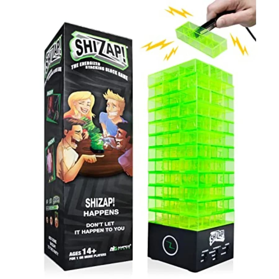 Gioco di Blocchi Impilabili con Scossa Elettrica, Torre di Blocchi in Plastica, Pinzette Elettriche, Base LED con Musica Tensionante, per Famiglie