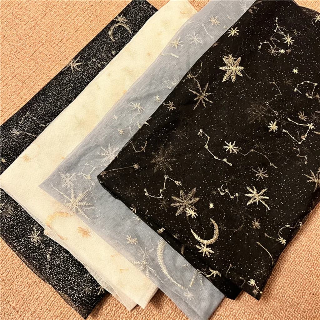 130cm Wide Hot Selling Star & Moon Gold Foil Tulle Fabric – Embroidered Mesh Material for Dresses and Cheongsam F008