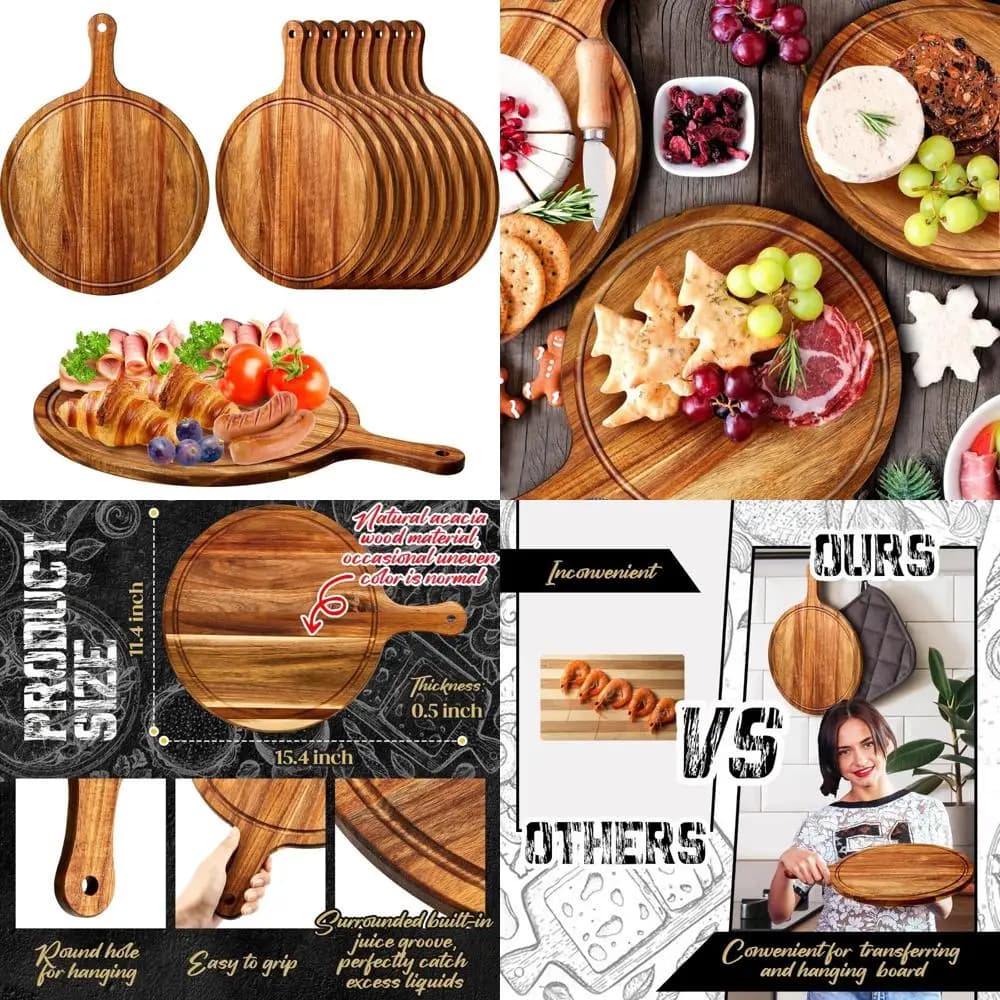 Round wooden cutters with handle, pack of 10 acacia wood cutters for kitchen, perfect for pizza, bread, cheese, charcoal