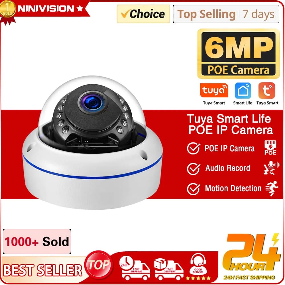POE IP 6MP Dome Security Camera Smart Life Metal Indoor Outdoor Wateproof Ceiling CCTV Video Surveillance Camera Audio Record