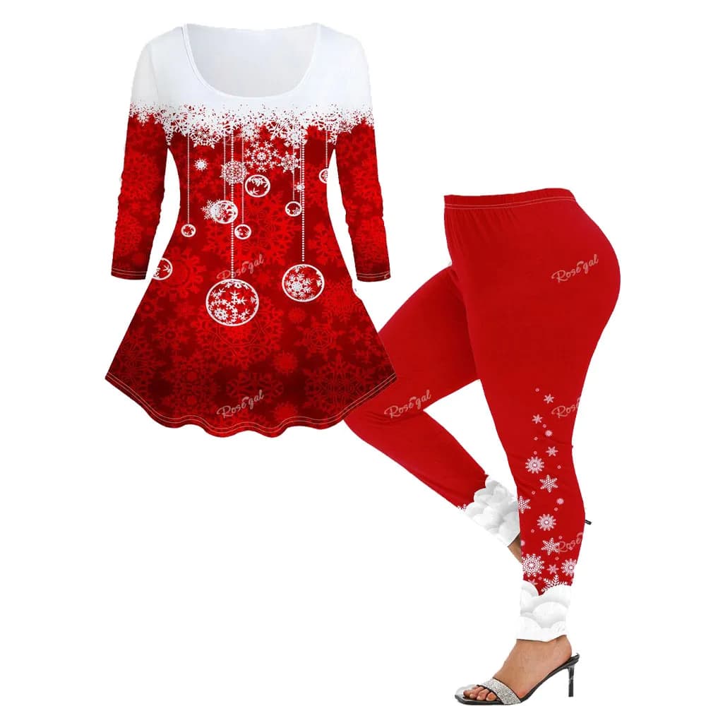 ROSEGAL Plus Size completi natalizi da donna t-shirt e Leggings stampati in 3D Lounge Matching Set 2 pezzi Thin Graphic Xmas Set