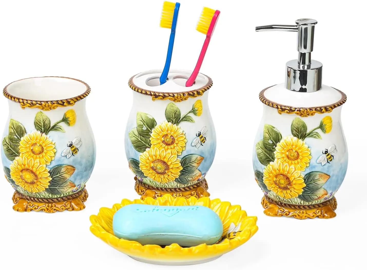 Set da Bagno in Ceramica a 4 Pezzi con Portaspazzolino, Tazza, Dispenser Sapone, Portasapone a Forma di Girasole