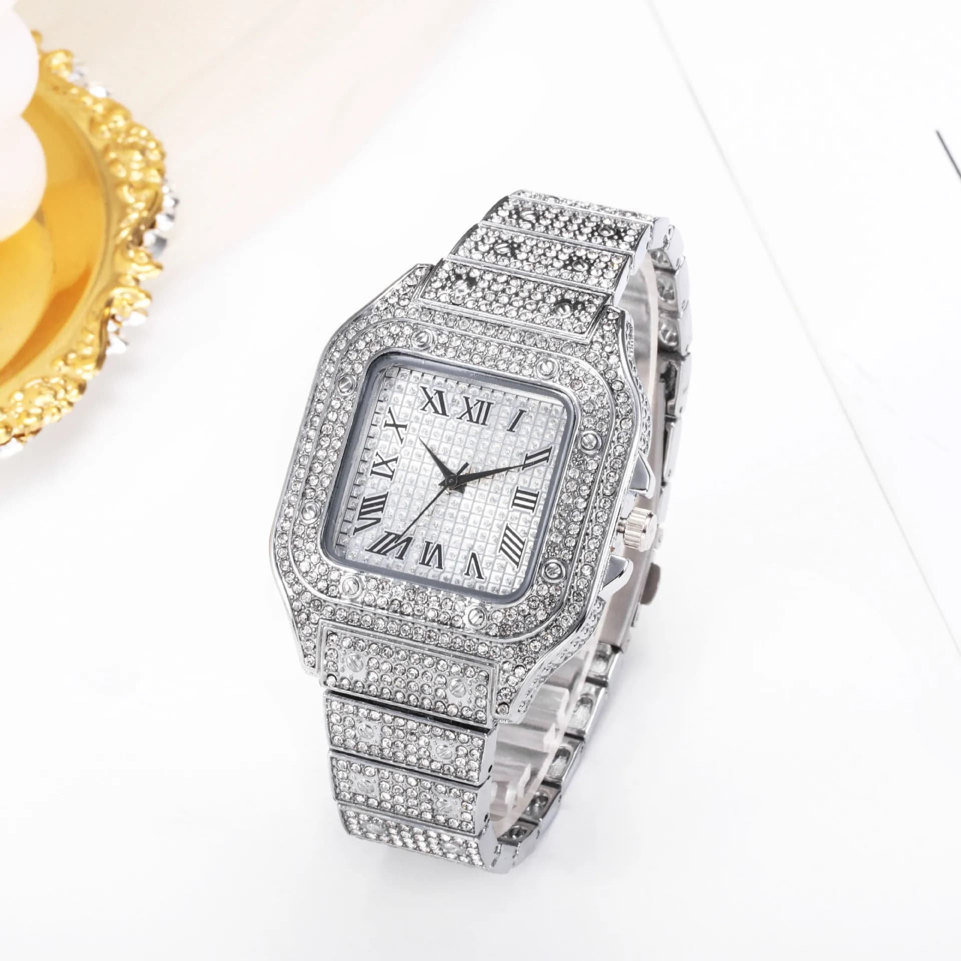 Men's Watch Business Square with Stainless Steel Strap, Star Sky, Set Diamonds, American European Style, Roman Numerals, Fashion Quartz Wrist Watch, Gift