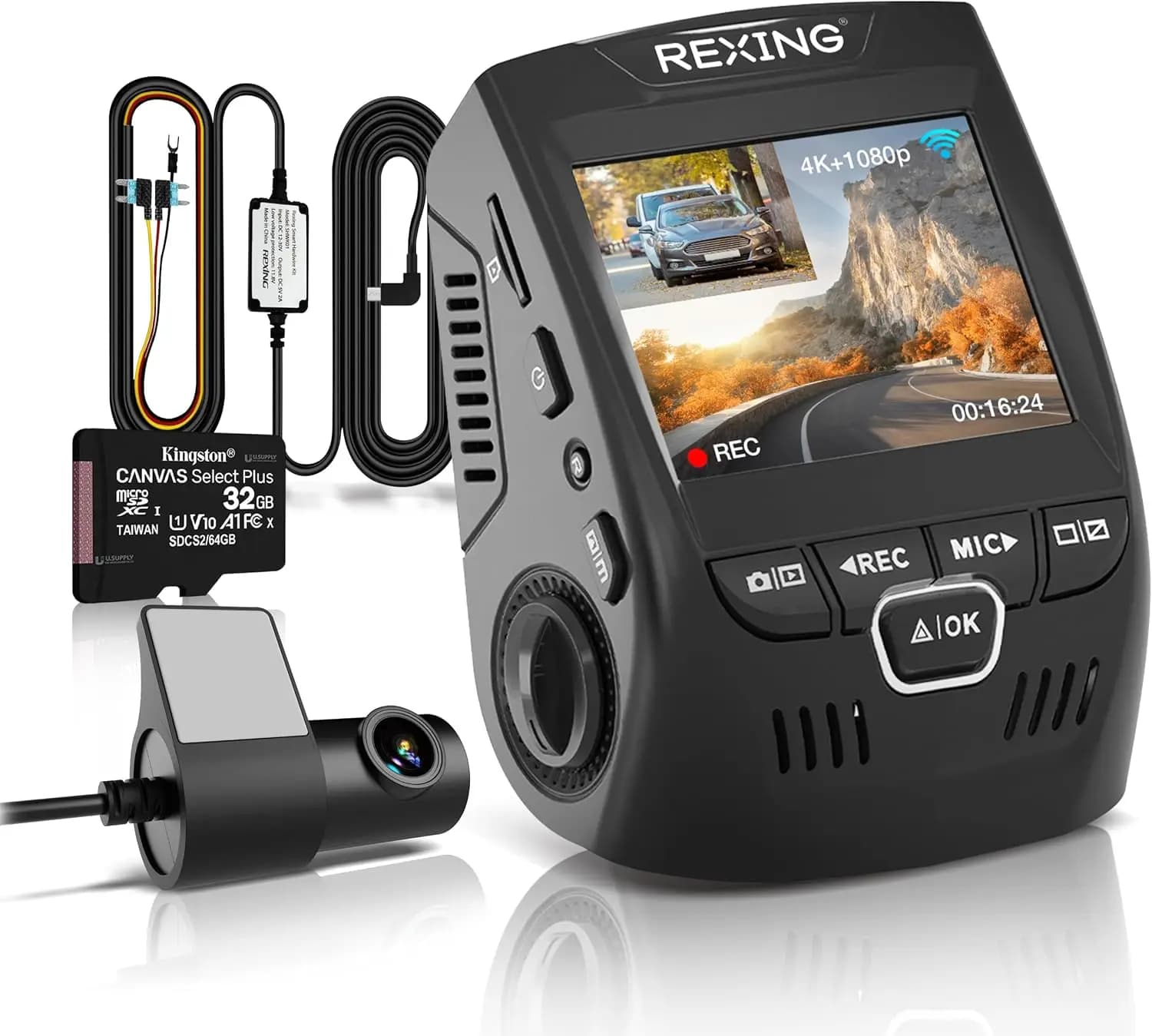 4K+1080P Dual Dash Cam, Front & Rear, Wi-Fi, 2.4" LCD, 170° Wide Angle, Supercapacitor, G-Sensor, Loop Recording, 32GB Card & Hardwire Kit