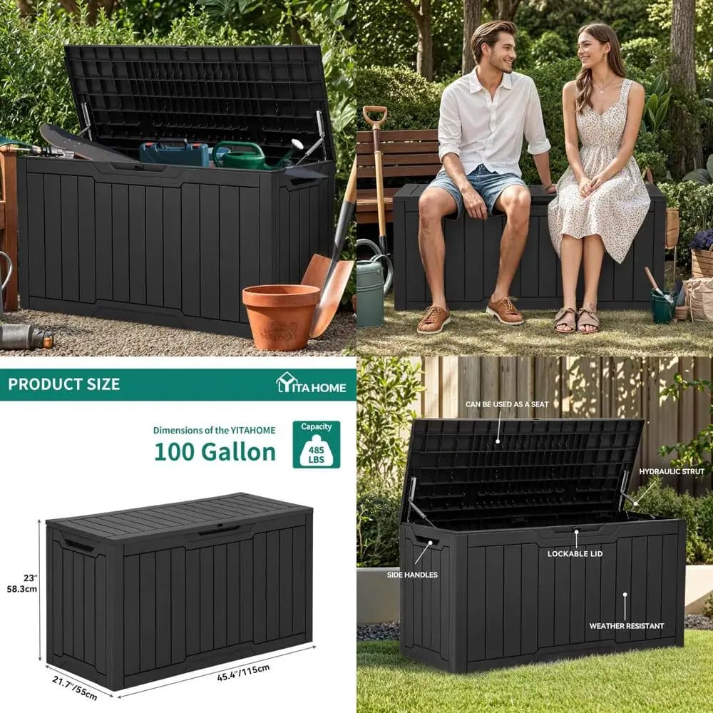100 Gallon weatherproof outdoor storage box, cover with lock for supplies, resin material, suitable for indoor and outdoor use