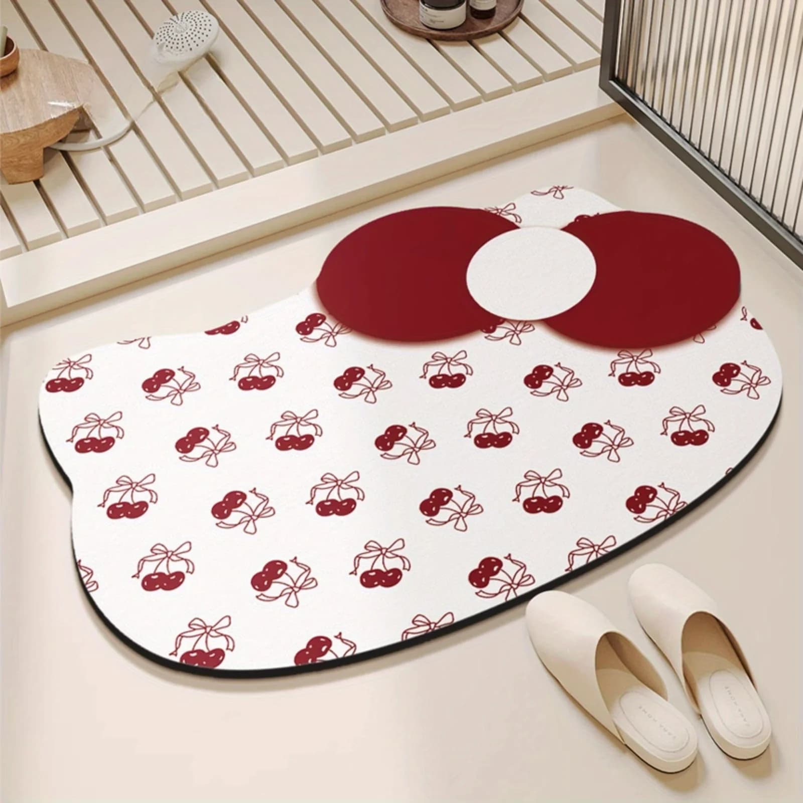 Tappetino da bagno super antiscivolo in materiale di gomma, tappetino ad assorbimento rapido e ad asciugatura rapida, simpatico tappetino con stampa di ciliegie e fiocco di gatto