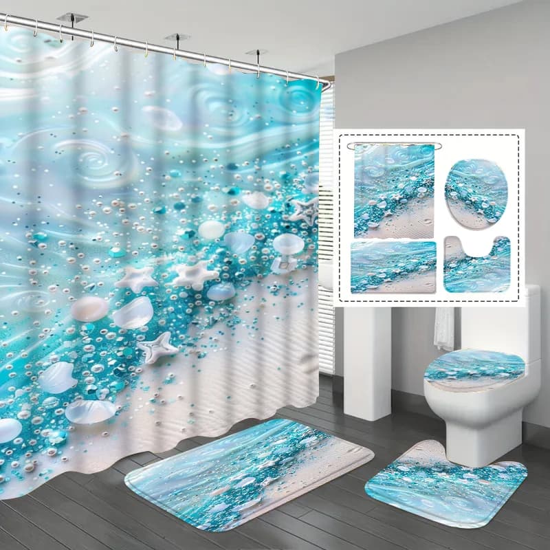 Tenda da doccia impermeabile con perle oceaniche e stelle marine (1/3/4 pezzi), installazione senza foratura, divisorio per bagno ispessito anti-muffa