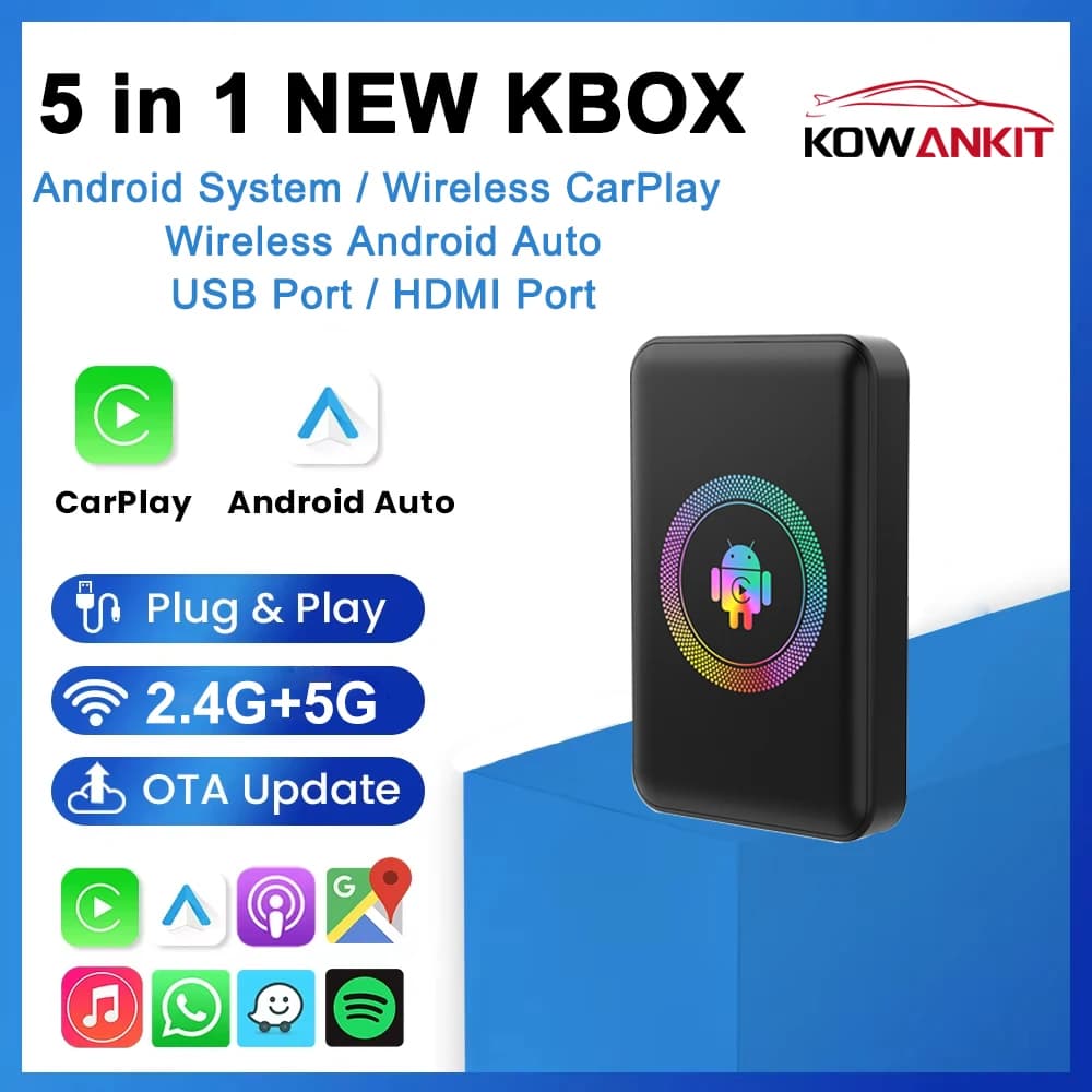 Android 14 4+64G Wireless CarPlay Ai Box Kowankit Smart 5 in 1 HDMI Plug & Play Android Auto Car Tv Box For Netflix YouTube 2026