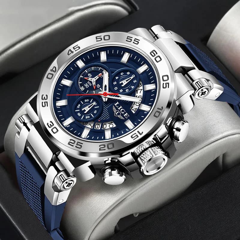 Orologio Luminoso Impermeabile LIGE da Uomo, Orologio da Polso Digitale Casual da Uomo, Cronografo al Quarzo in Silicone Blu, Reloj Hombre