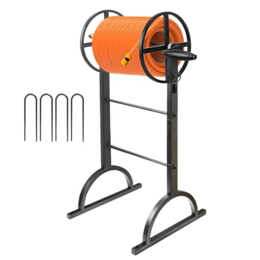 Avvolgitubo da Giardino in Metallo Resistente per Tubi da 150FT 1/2, Supporto Autoportante per Tubo dell'Acqua in Acciaio Nero Durevole
