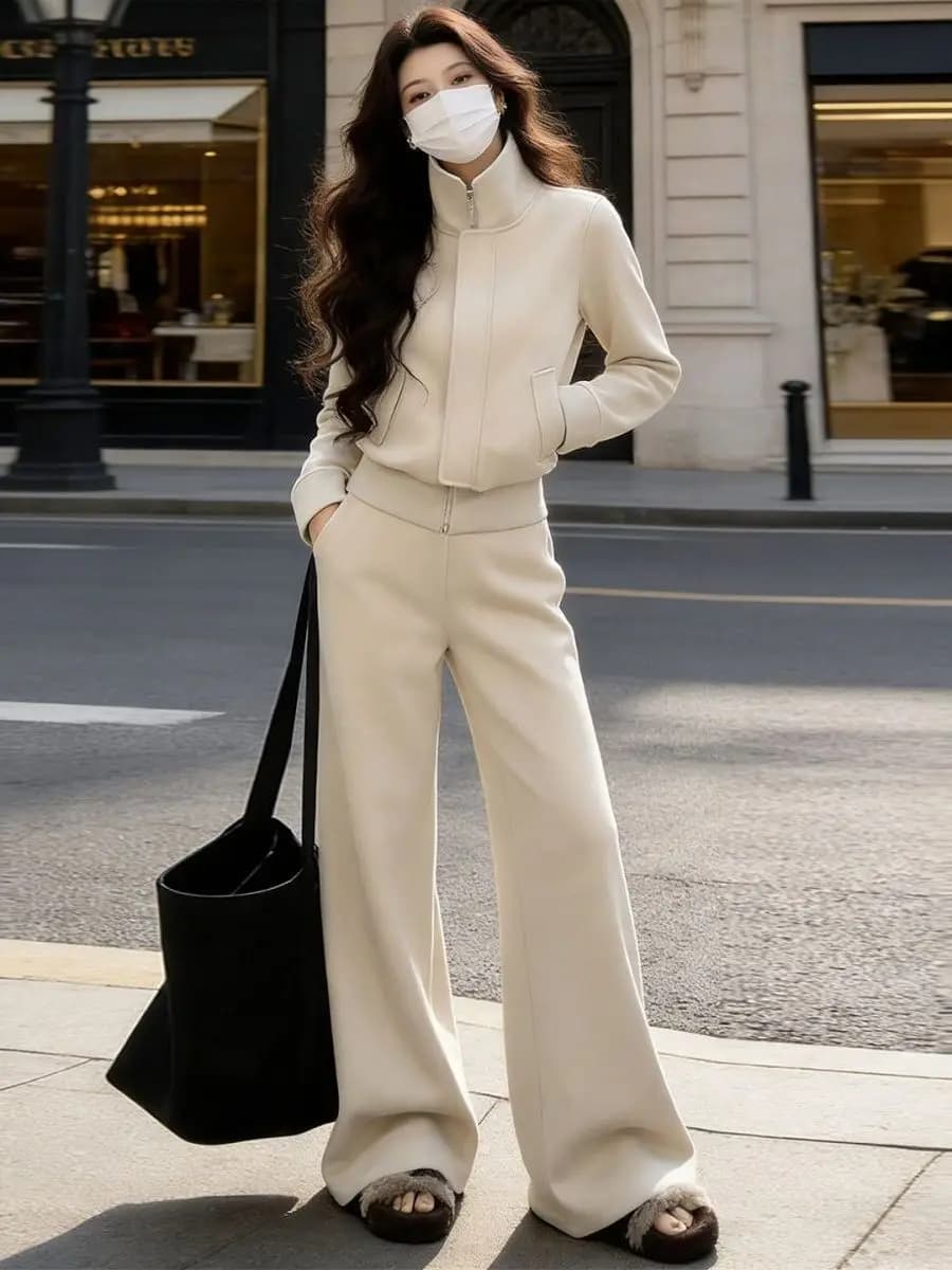 High-End Korean Style Women's Casual Sportswear Set Autumn Winter Fleece Slimming Color Jacket Wide Leg Pants Two-Piece...