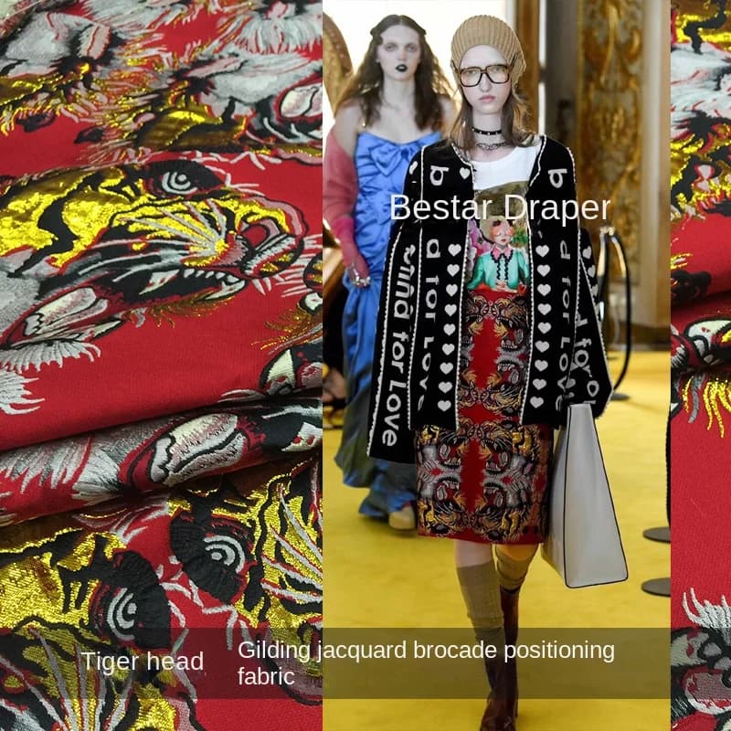 Jacquard Brocade Fabric European Brand Design Tiger Head Pattern Hot Stamping Fashion Catwalk Clothing Dress Fabrics