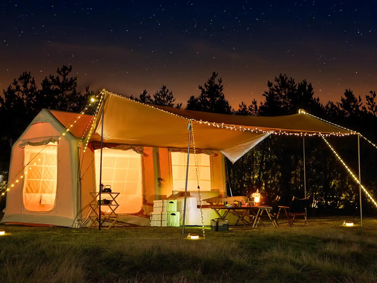 Tende Gonfiabili da Campeggio con Tettoia Oversize, Tenda Rialzata in Tessuto Oxford con Foro per Stufa, Pompa Manuale, Gonfiabile Extra Large