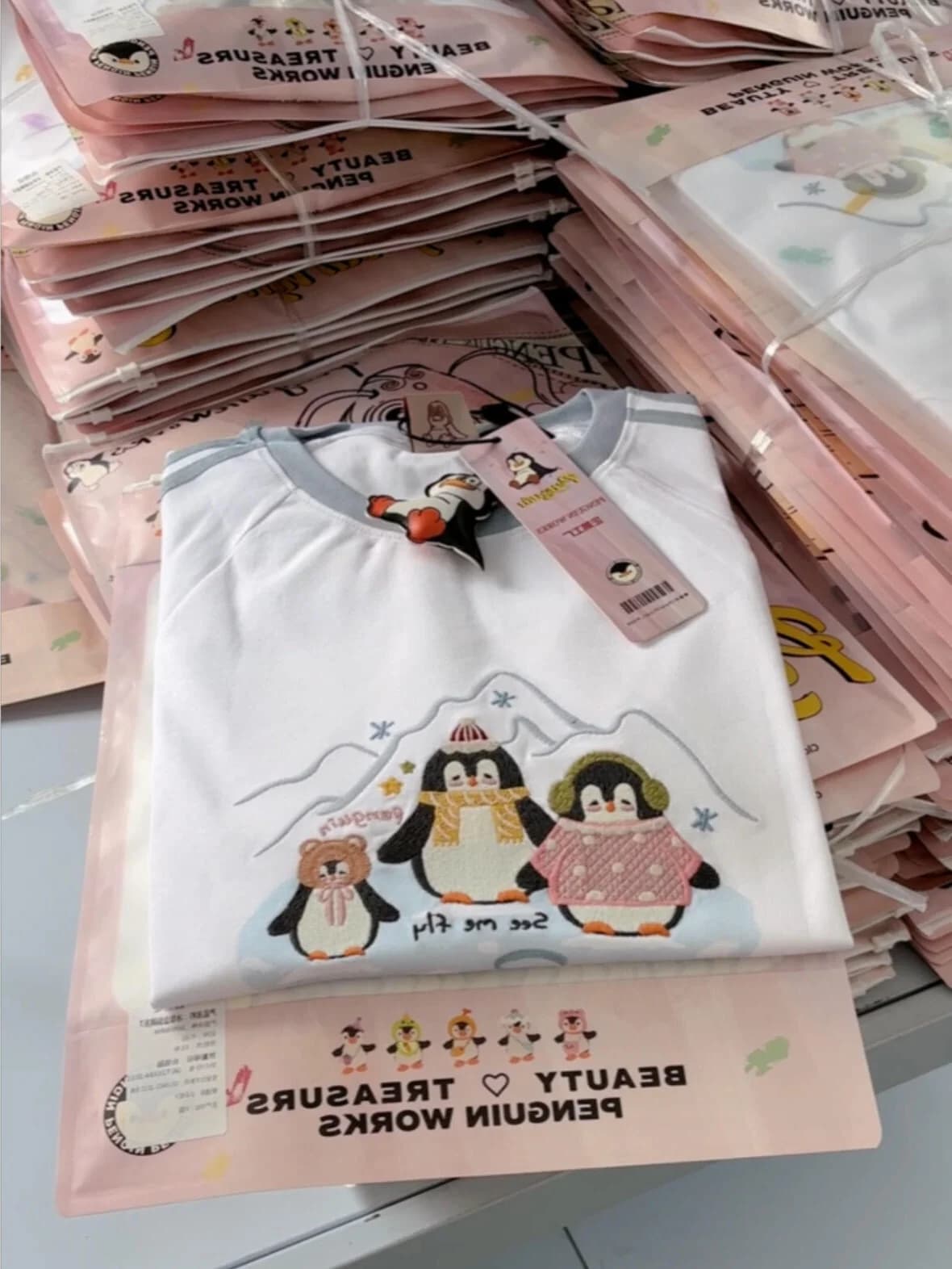 Cute Penguin Embroidery Pure Cotton Short Sleeve T-Shirt Women's Loose Summer Color Block Design Cute Style Top Girls' Clothes