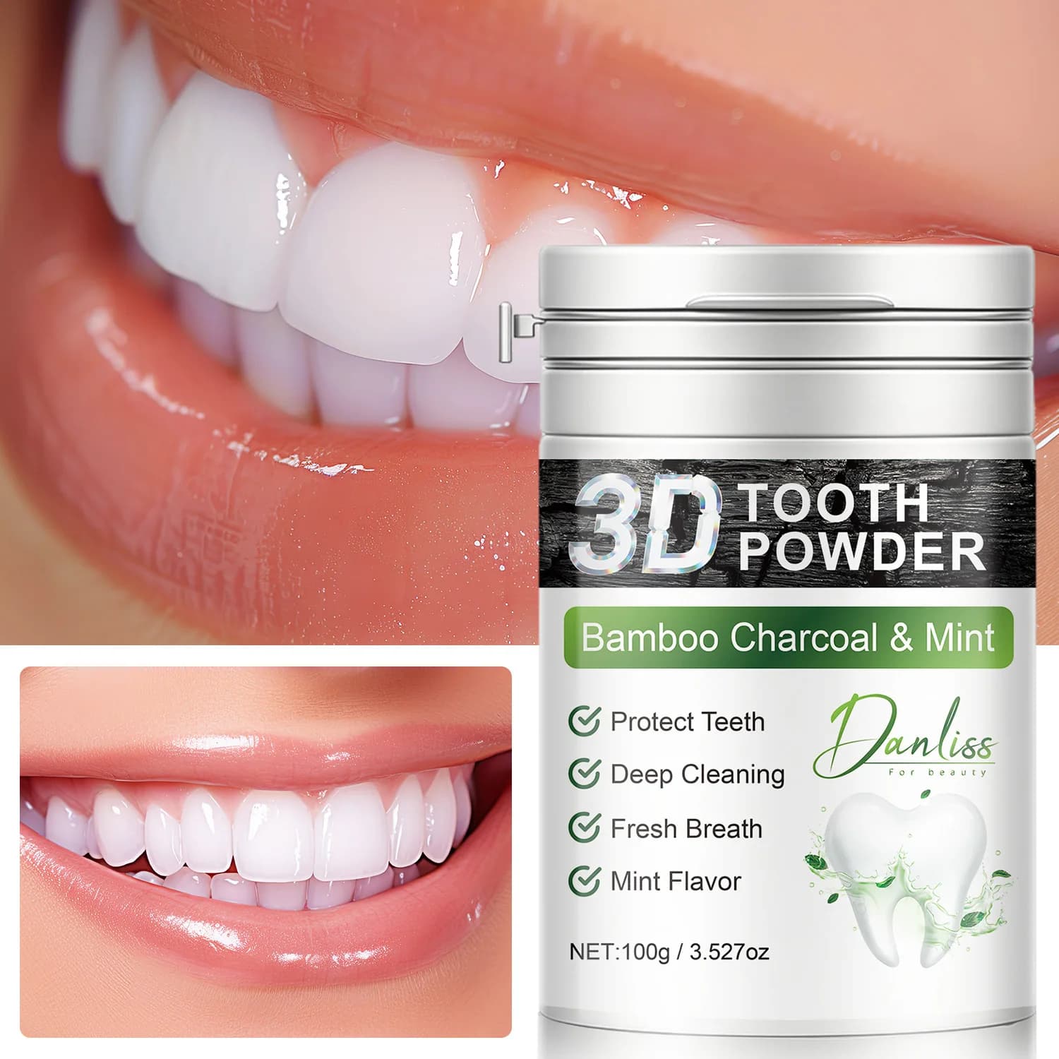 3D tooth powder cleans the mouth deep, removes the stains, refreshes the breath, improves the health of the gums and prevents the teeth 100g