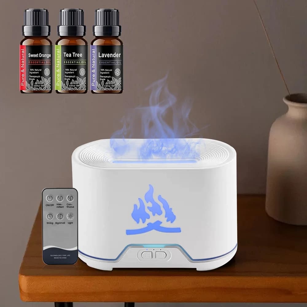 Diffusore di Aromi da 300ml con Telecomando, Lampada a Fiamma Simulata, Umidificatore d'Aria, Diffusore di Oli Essenziali per Camera da Letto