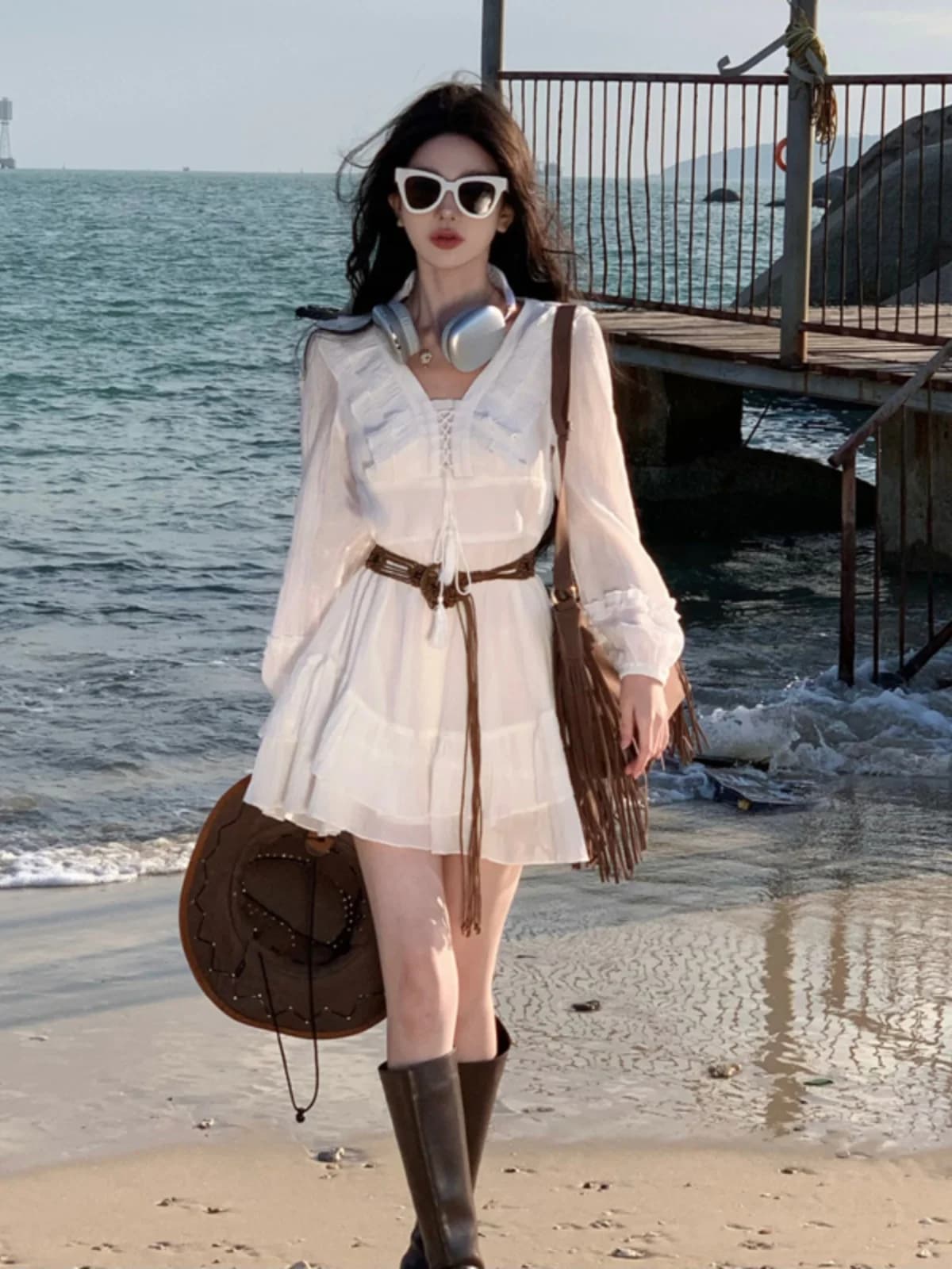 Sweet White Long Sleeve Dress Women's Miniature Pure Seafood Short Skirt Beach Vacation Style Princess Style Pleated Skirt