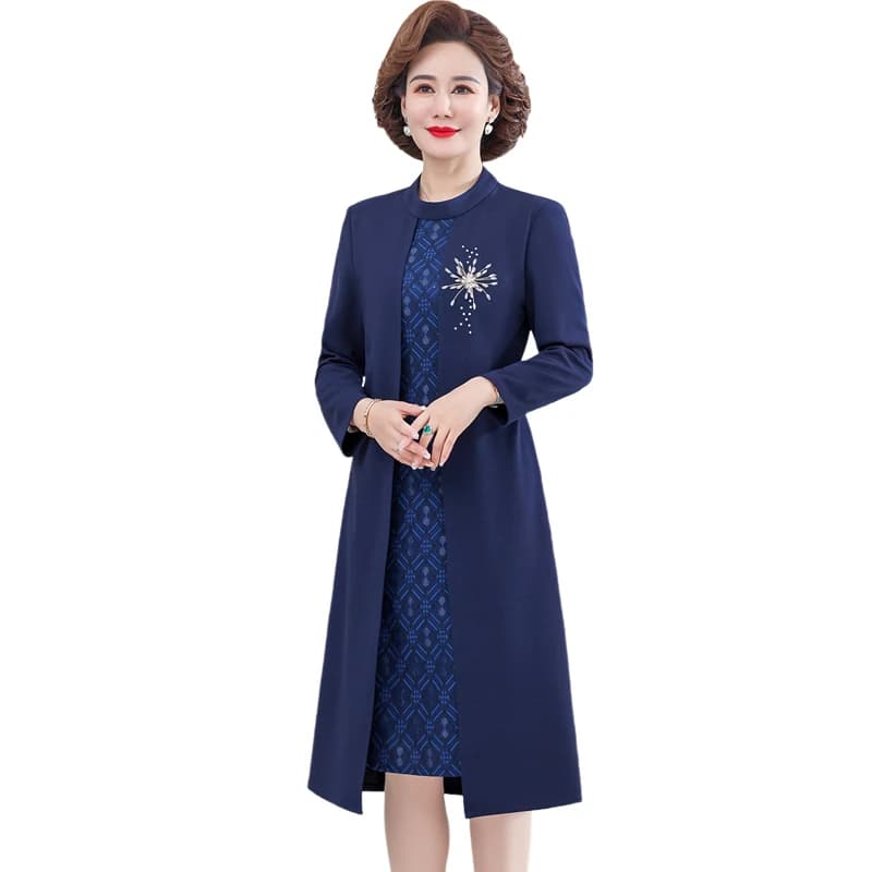 Mother Dress Spring Autumn Fake two pieces Dress Cardigan Women Party Midi Dresses Elegant Robe Middle-age Female Vestides