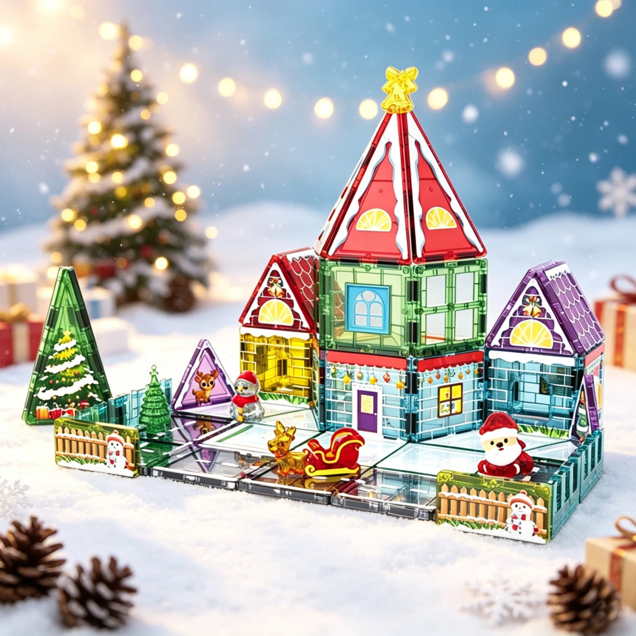 Christmas Winter House Magnetic Tiles Play Set, STEM Educational Building Blocks Toy Construction Game Holiday Gift for Kids 3+