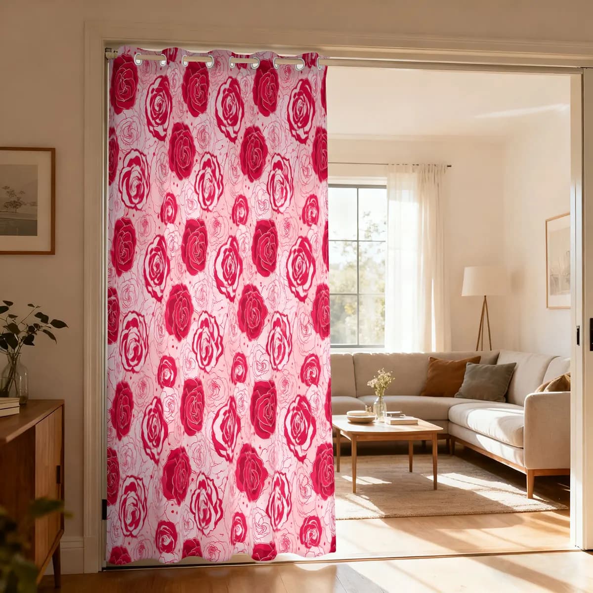 1pc Light Green Base Pink Rose Floral Single Loop Curtain, Decorative Door Curtain For Living Room Bedroom, Fashion Home Hang