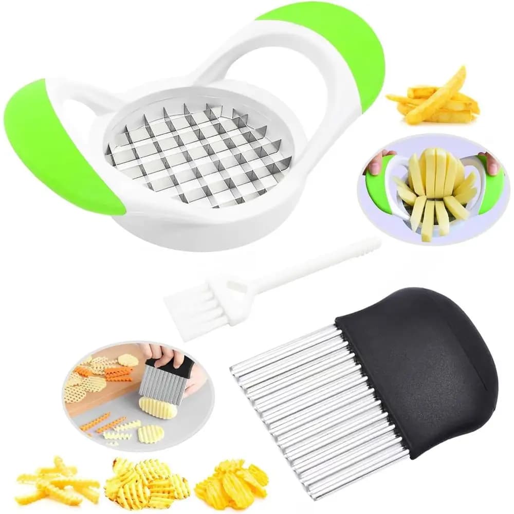 Set di 3 Tagliaverdure Ondulati in Acciaio Inox con Spazzola per la Pulizia, per Insalate e Guarnizioni