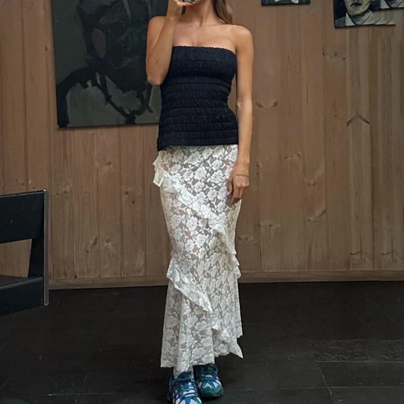 DSMTRC Gonne lunghe trasparenti patchwork di pizzo sexy per donna Estate Midnight Club Party Donna Nero Vita bassa Vacanza Beachwear