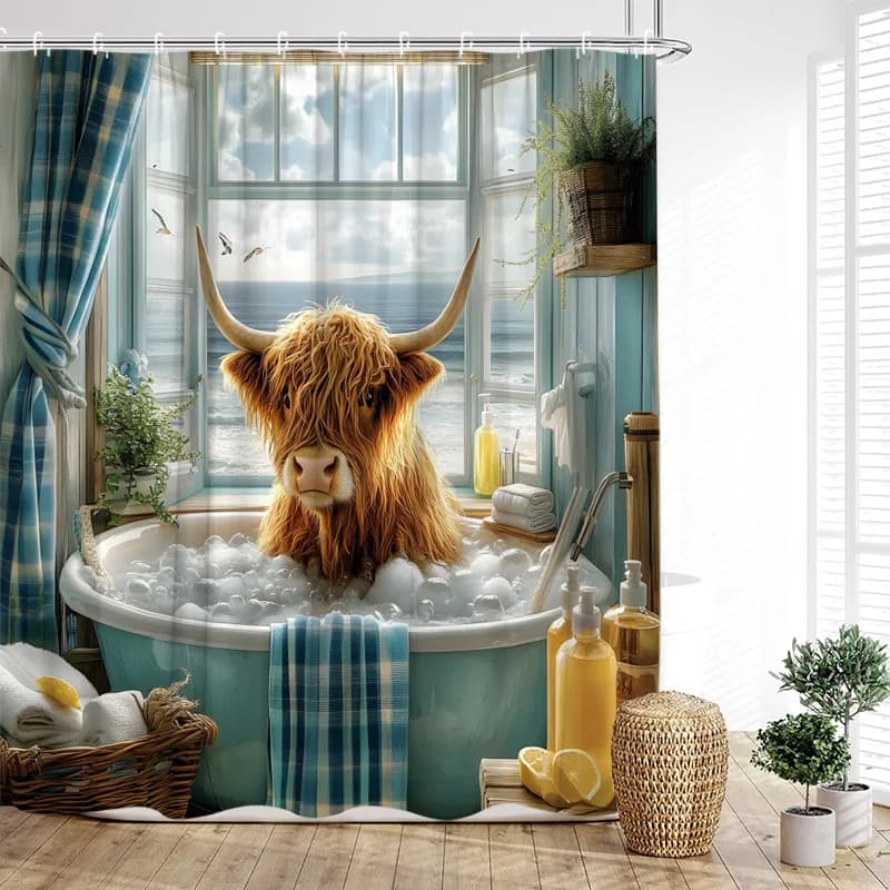 Divertenti tende da doccia Highland Cattle blu per vasca da bagno, tende per finestra con paesaggio oceanico, decorazione per il bagno con ganci