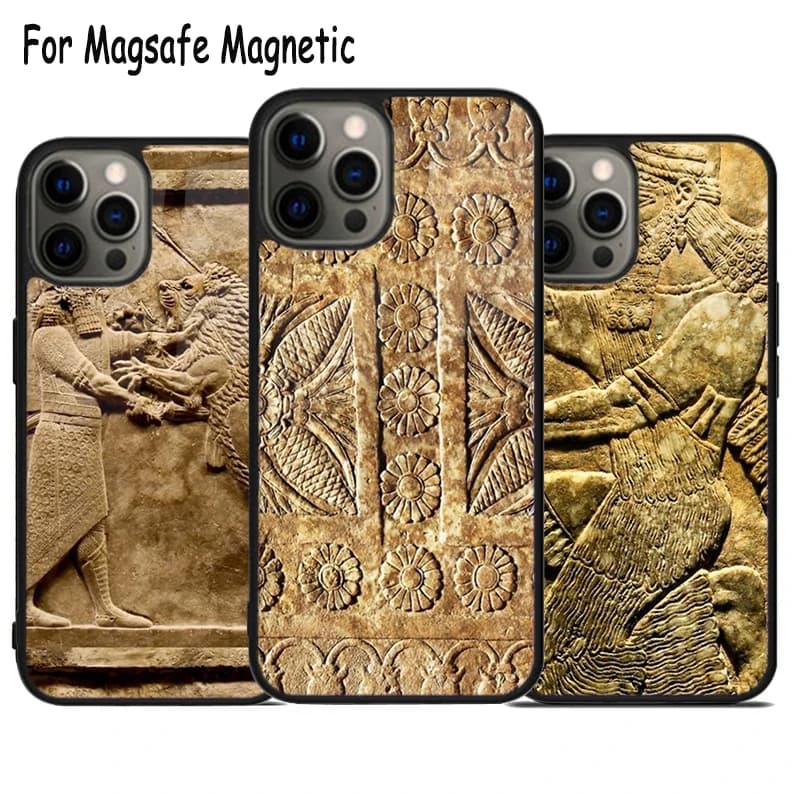 Cover Magnetica Magsafe con Incisione Asiriana Mesopotamica per iPhone 17 Air 15 16e 14 13 11 12 Pro Max Plus