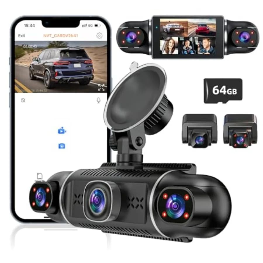 Dash Cam 5 Canali 360° per Auto, 2160P/1080P UHD with Night Vision, Integrated IR LEDs, WiFi 5G, Sensor G, Monitoring Parking 24H