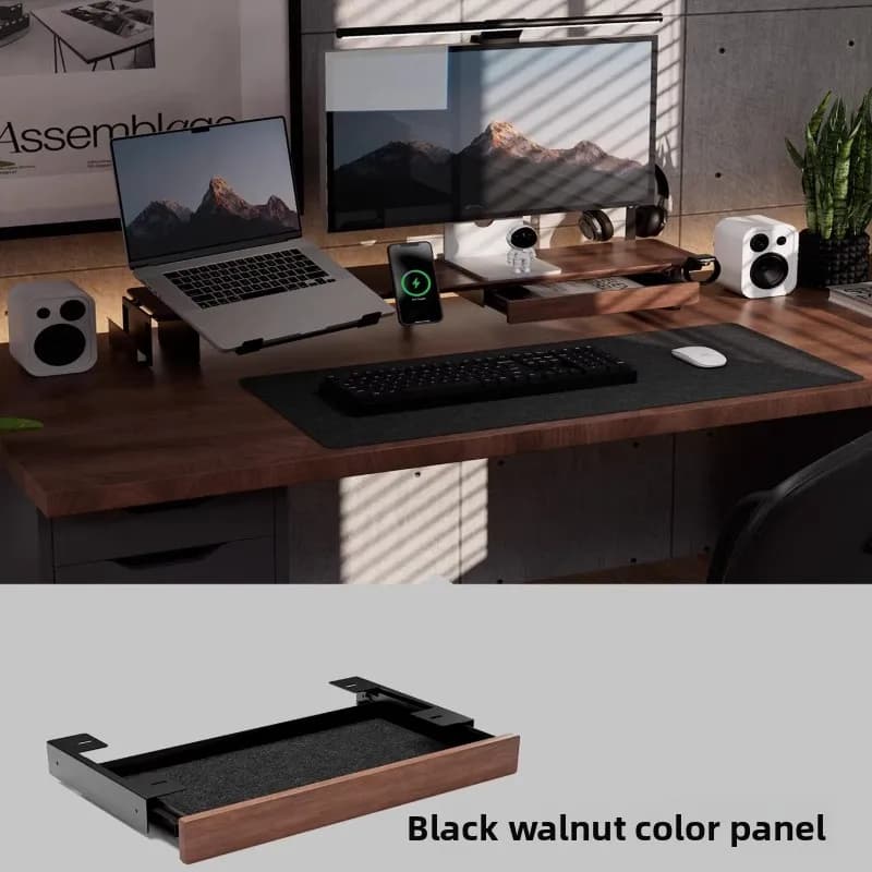 Cassettiera Estraibile per Monitor in Legno Massello, Organizer Sotto Scrivania con Binario Scorrevole Silenzioso, Mobile Contenitore Nascosto per Ufficio