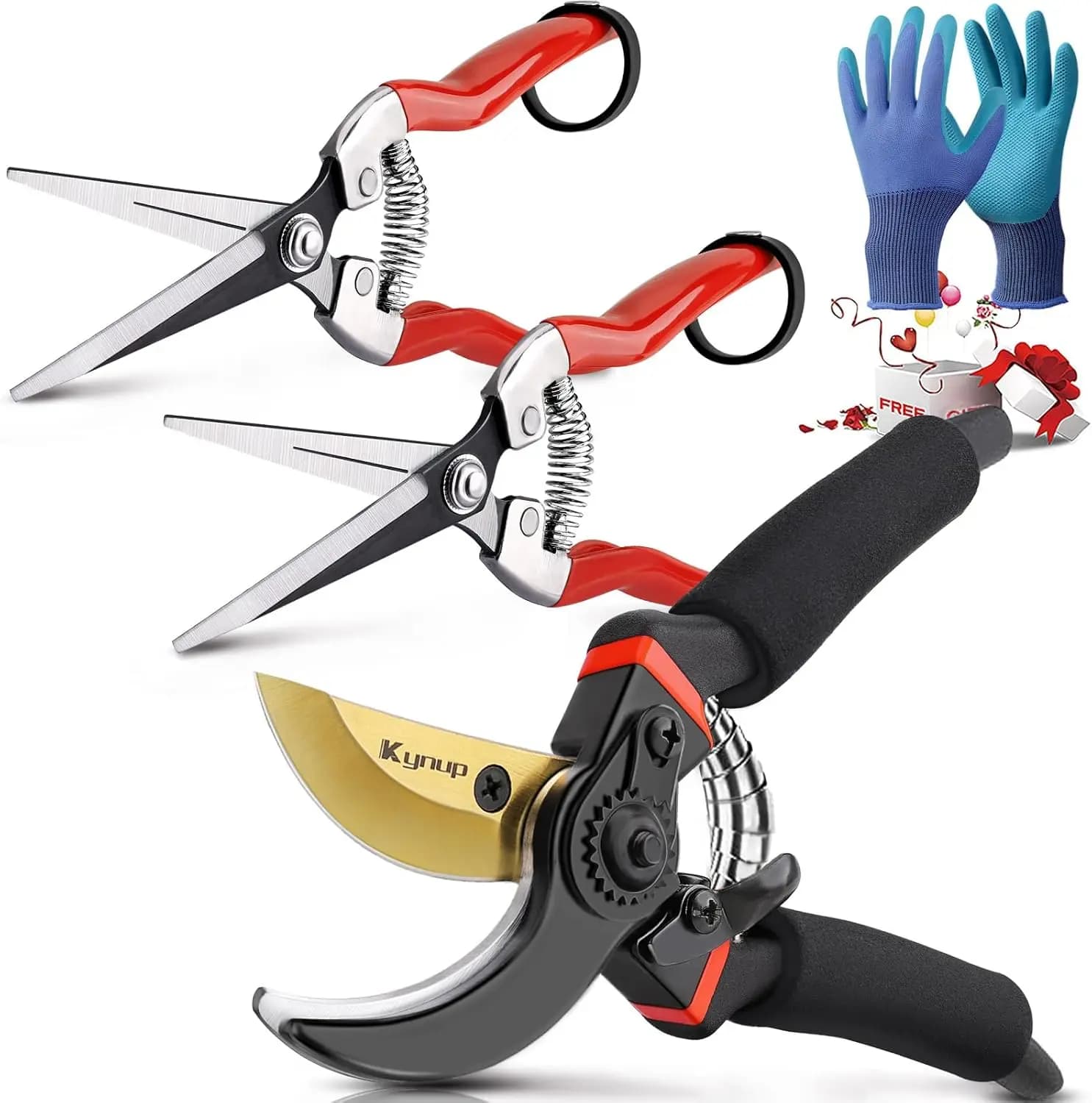 Set of 3 Gardening Scissors with Gloves, Stainless Steel Blades, Soft Plant Feeding