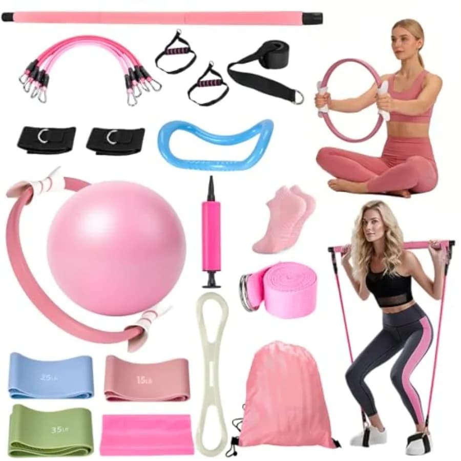 Kit Pilates a casa da 9 pezzi per principianti, donne, set completo con anello, palla da yoga, fasce di resistenza, barra per Pilates in nero e rosa