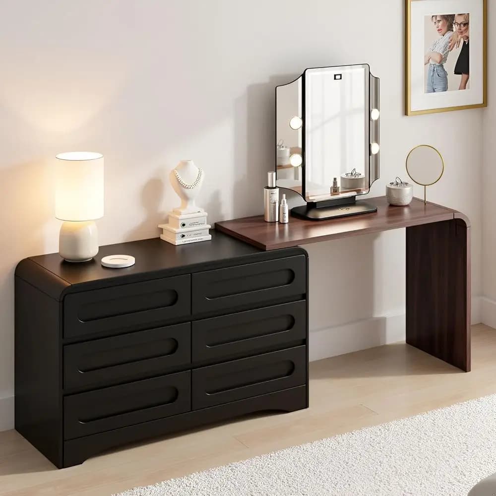 Scrivania a L e Comodino con 47 Cassetti, Cassettiera e Organizer per Camera da Letto, Soggiorno o Corridoio in Nero